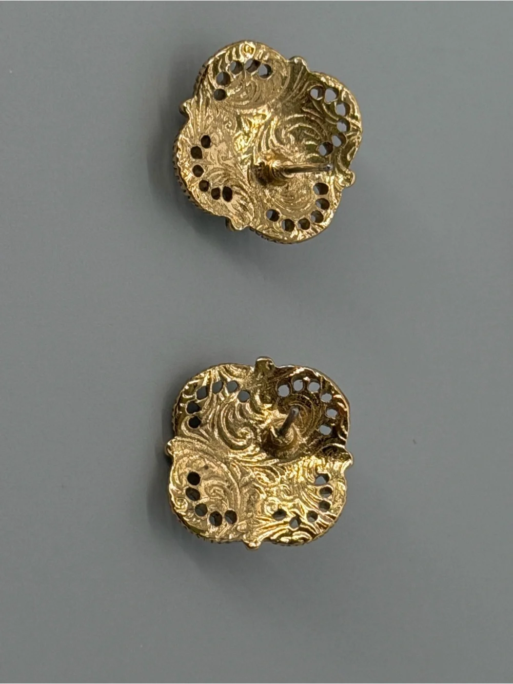 1928 Gold-Tone Filigree Brooch and Earring Set with Pink Porcelain Rose